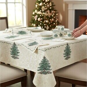 Spode Christmas Tree Tablecloth Fabric 60 x 102 Oblong Holiday Dining Seats 8-10